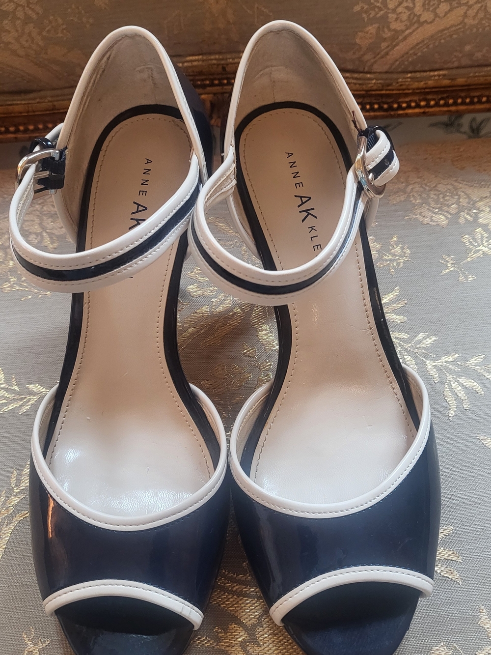 Anne Klein Heels Navy and White Peep-Toe Ankle Strap Hard To Find